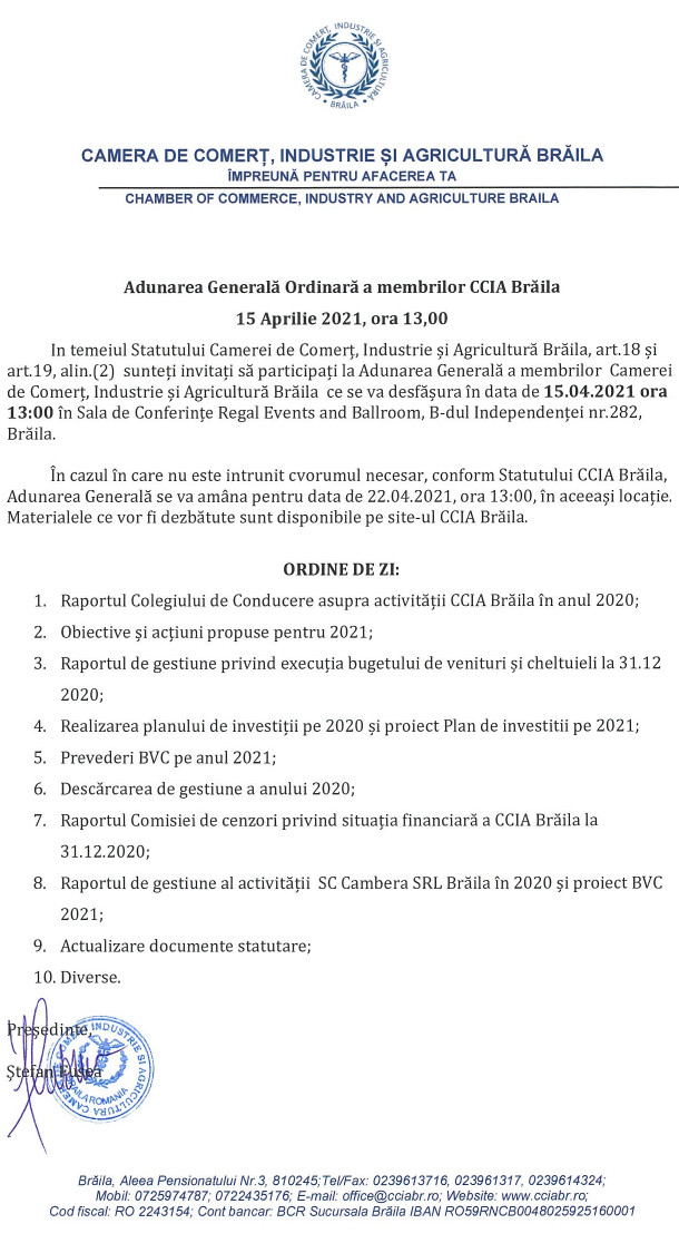 Convocator Adunarea Generala Ordinara a membrilor CCIA Braila 2021