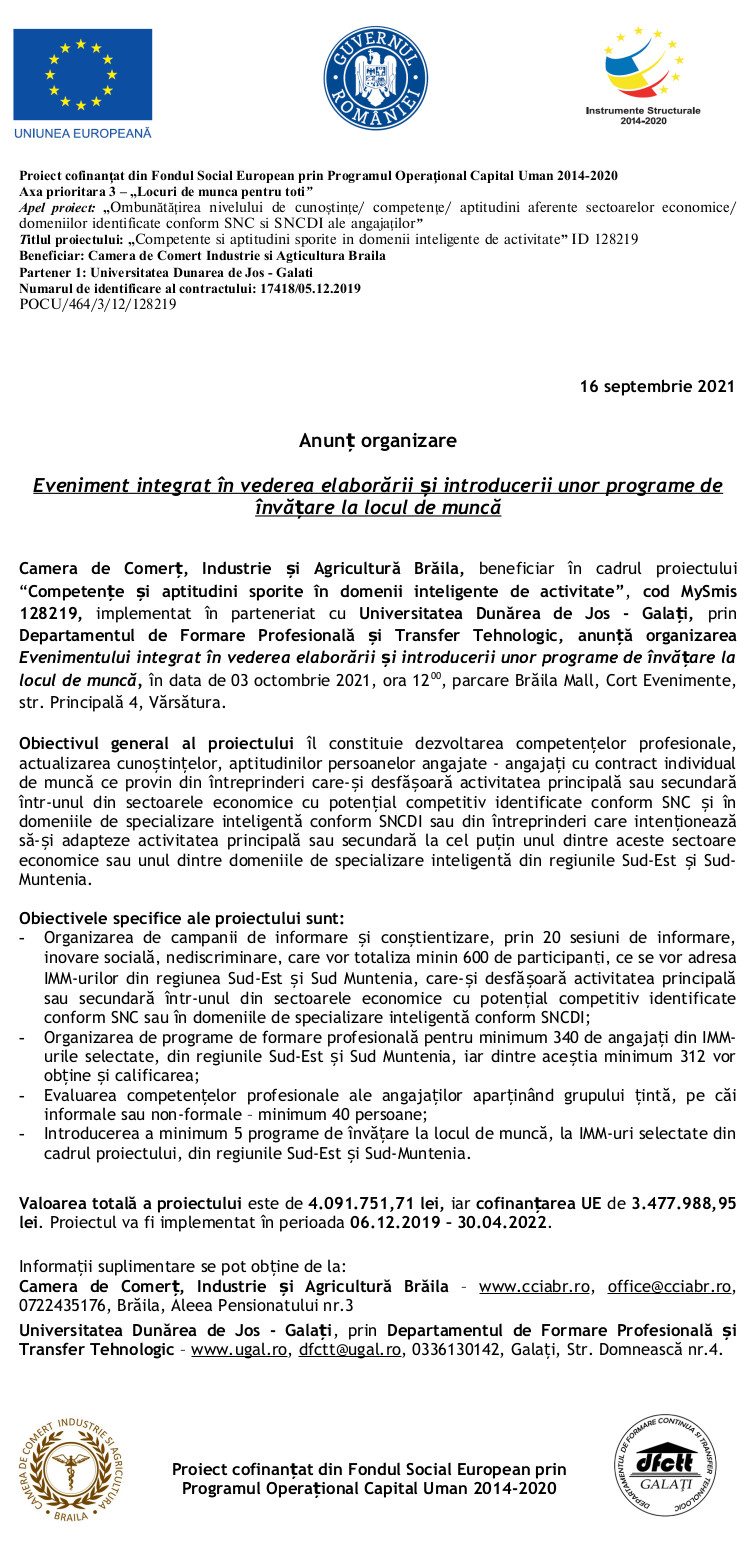 Anunț organizare Eveniment integrat în vederea elaborării și introducerii unor programe de învățare la locul de muncă - 3.oct.2021