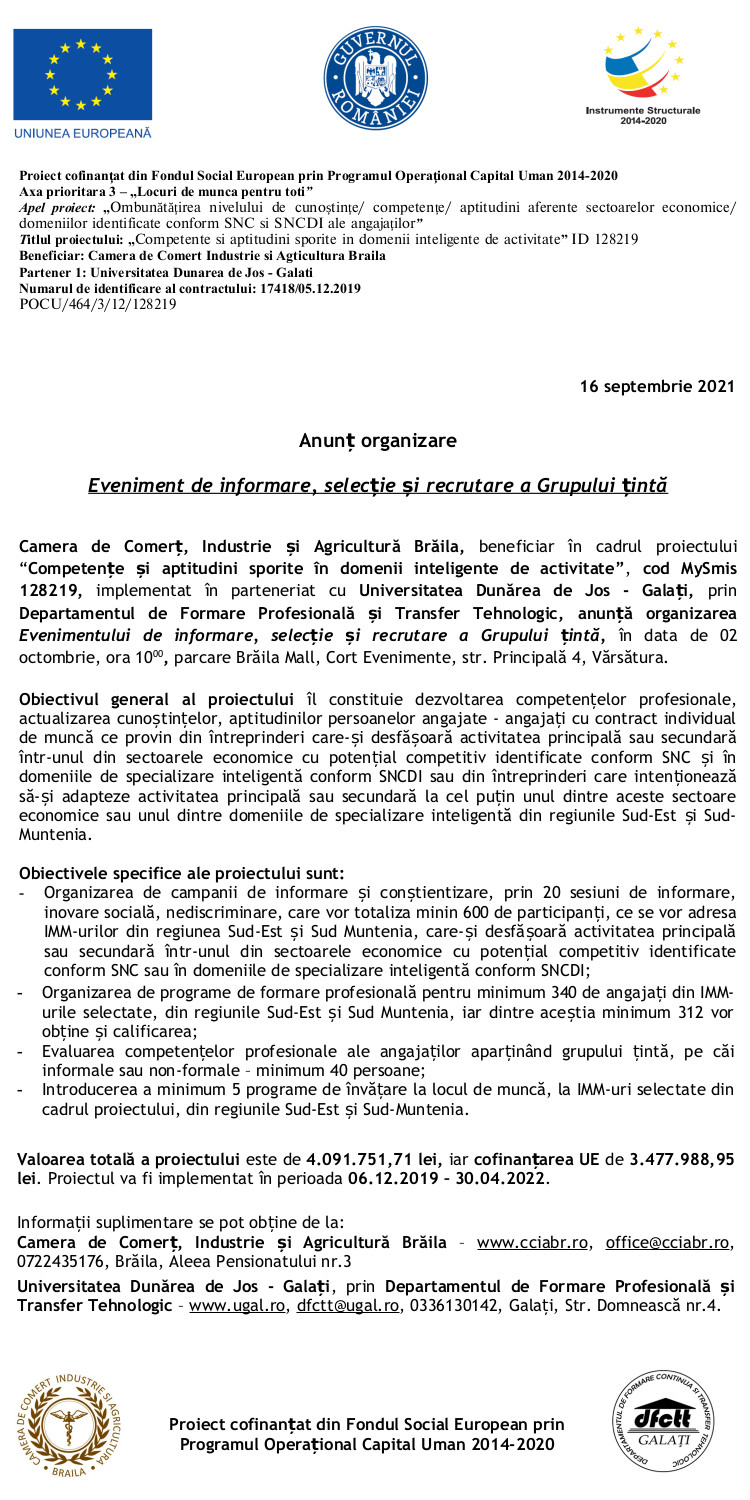 Anunț organizare Eveniment de informare,
 selecție și recrutare a Grupului țintă - 2.oct.2021