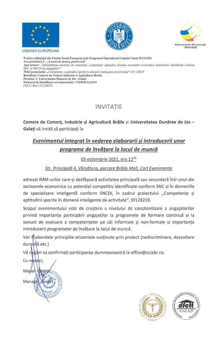 Invitatie la Evenimentul integrat in vederea elaborarii si introducerii unor programe de invatare la locul de munca - 3.oct.2021