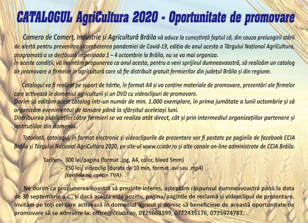 Invitatie reclama Catalog - Anulare organizare Targul AgriCultura 2020